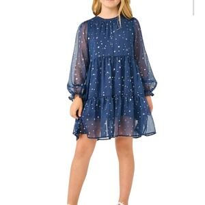 Hayden Star Print Tiered Dress Girls Large Navy Blue Celestial Boho Party